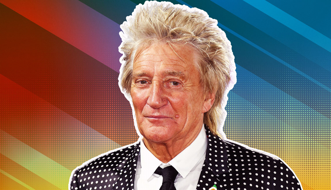 Rod Stewart outlined against a rainbow ombre background