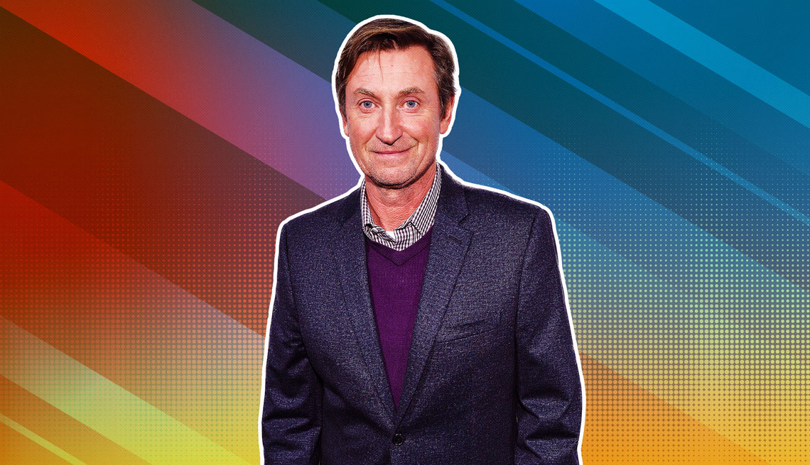 Wayne Gretzky outlined against a rainbow ombre background