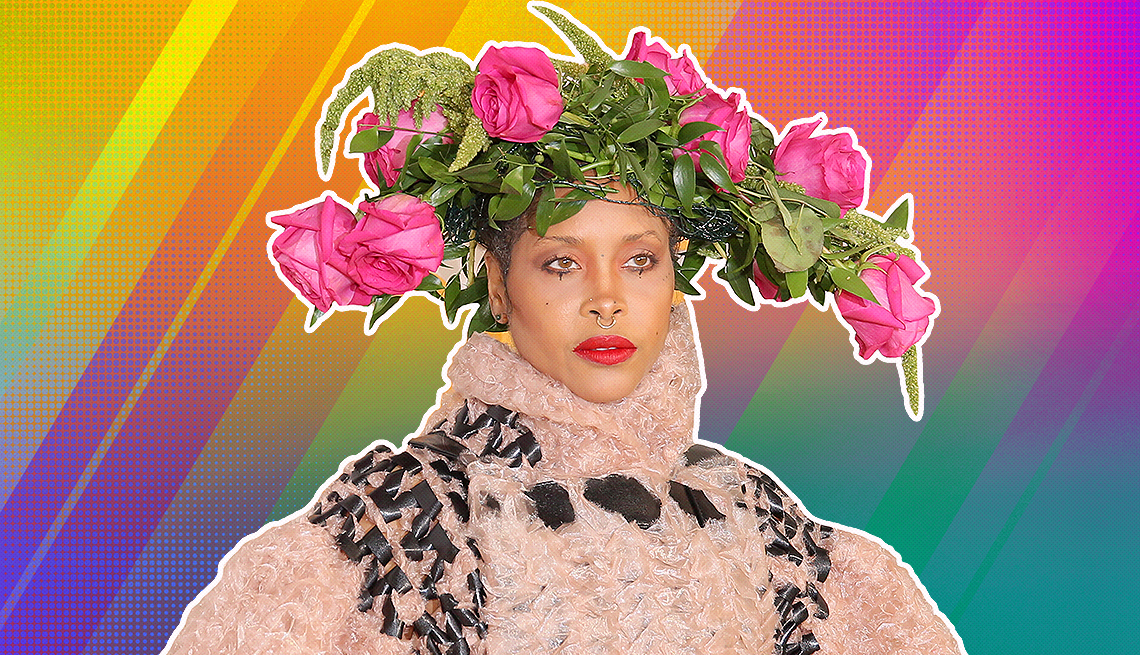 item 3 of Gallery image - Erykah Badu outlined against a rainbow ombre background