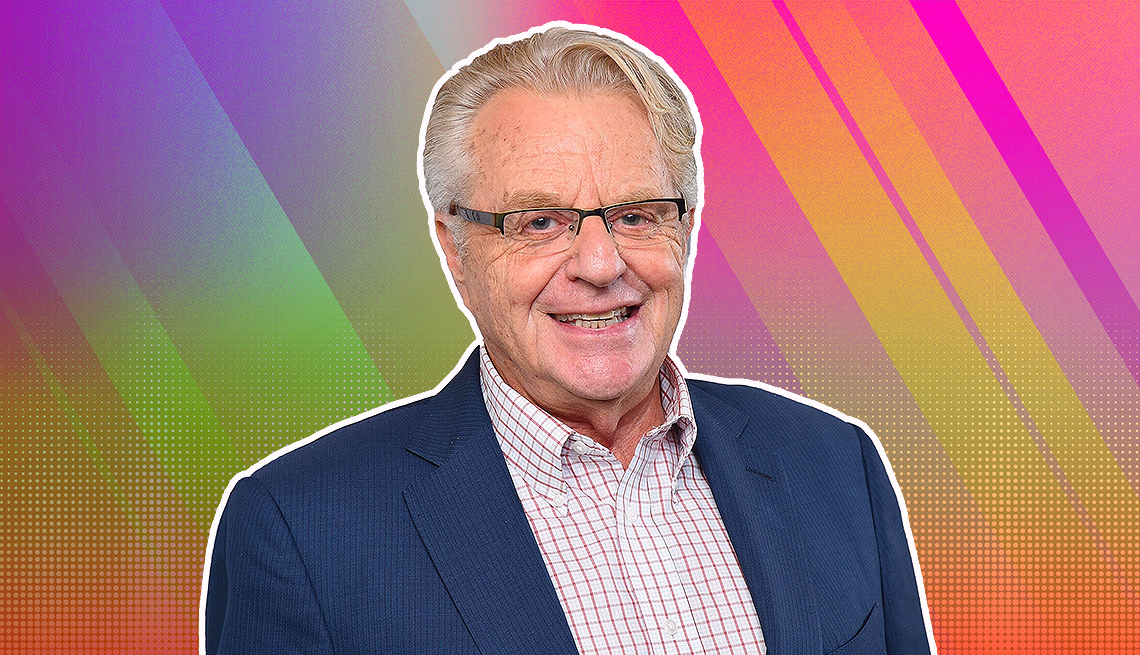 item 16 of Gallery image - Jerry Springer outlined against a rainbow ombre background