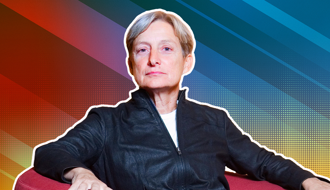item 5 of Gallery image - Judith Butler outlined against a rainbow ombre background