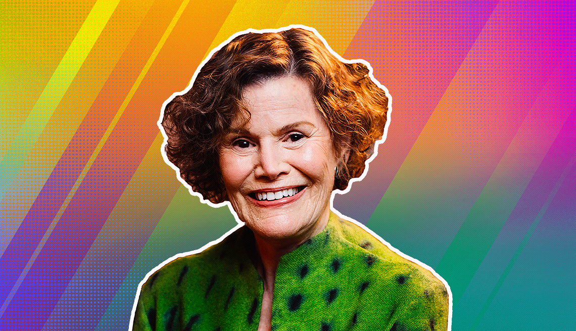 item 17 of Gallery image - Judy Blume outlined against a rainbow ombre background