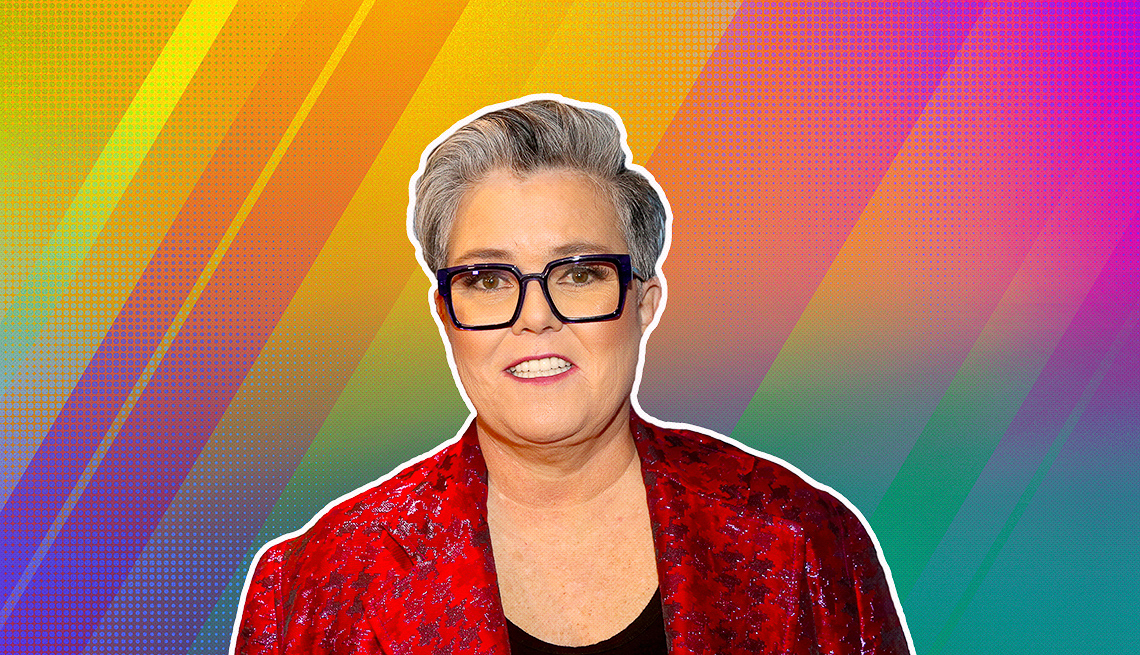 item 11 of Gallery image - Rosie O'Donnell outlined against a rainbow ombre background