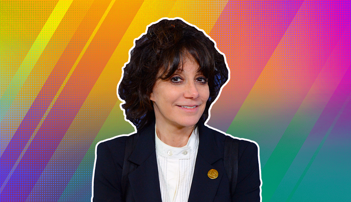 item 24 of Gallery image - Amy Heckerling outlined against a rainbow ombre background