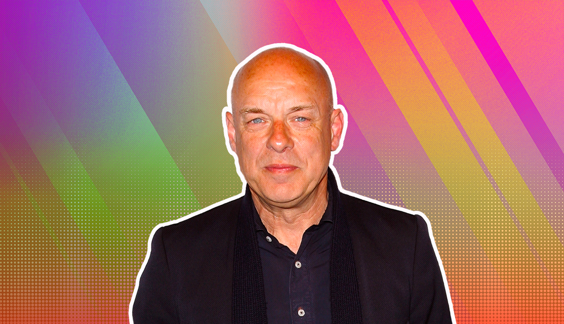 item 10 of Gallery image - Brian Eno outlined against a rainbow ombre background