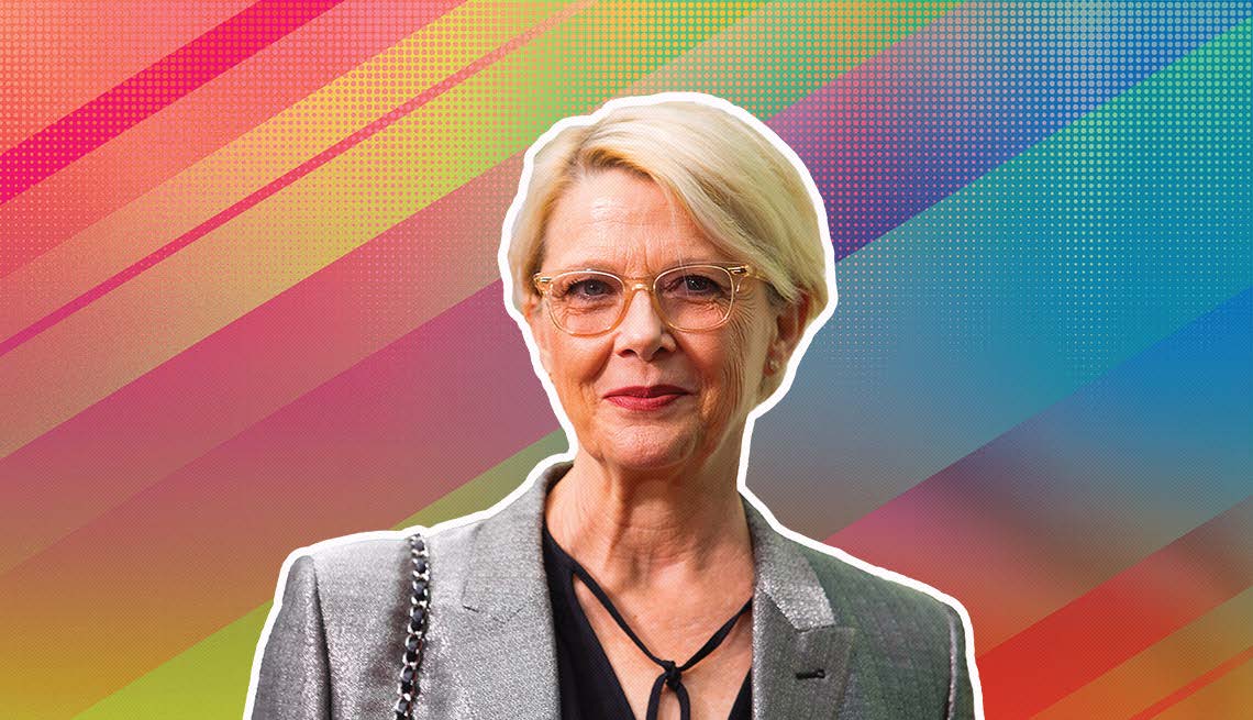 item 2 of Gallery image - Annette Bening outlined against a rainbow ombre background