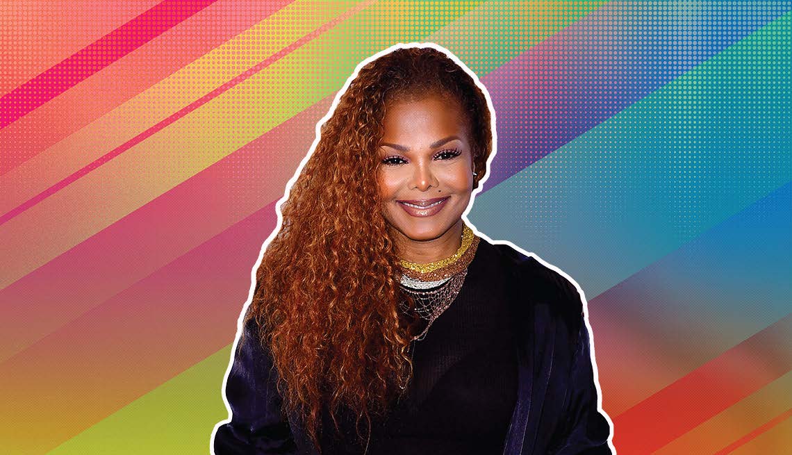 item 15 of Gallery image - Janet Jackson outlined against a rainbow ombre background