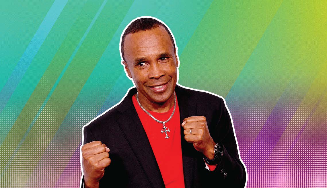 Sugar Ray Leonard outlined against a rainbow ombre background