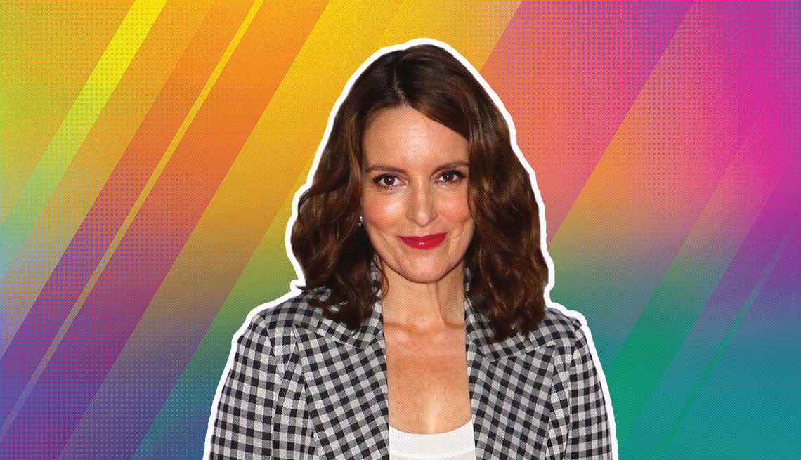 Tina Fey outlined against a rainbow ombre background