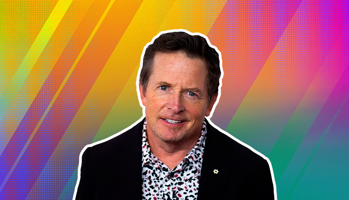 item 18 of Gallery image - Michael J. Fox outlined against a rainbow ombre background