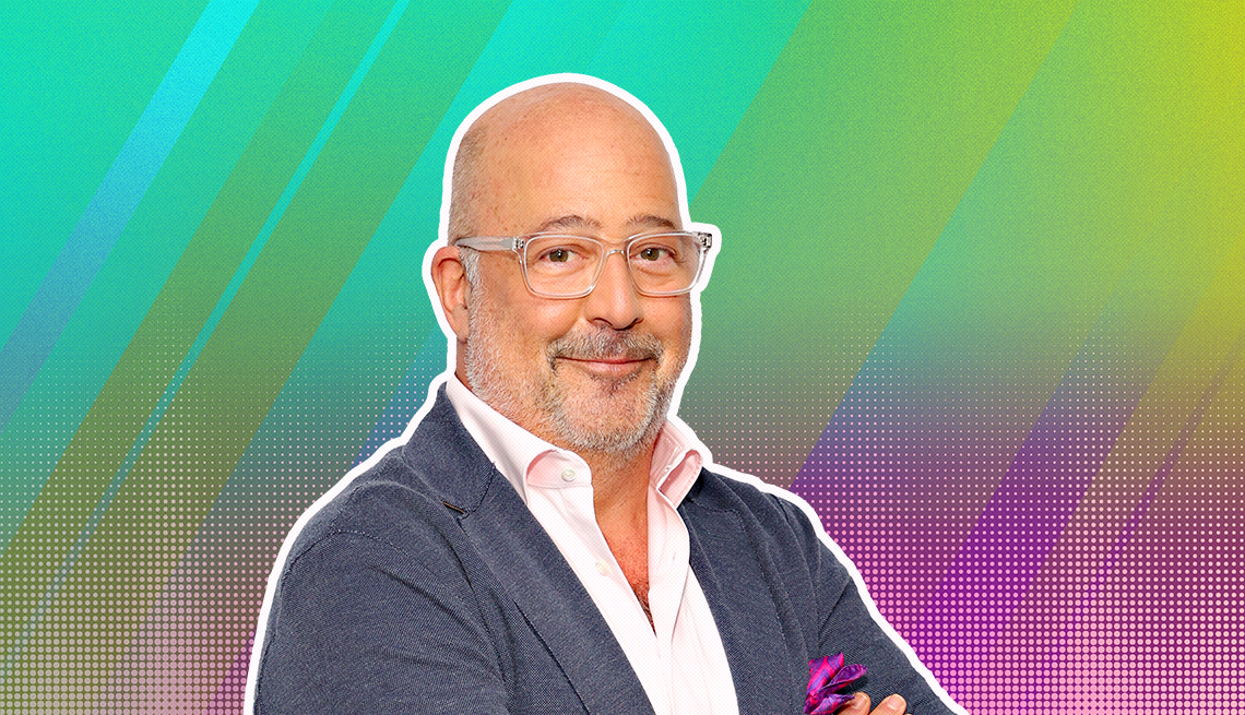item 1 of Gallery image - Andrew Zimmern outlined against a rainbow ombre background