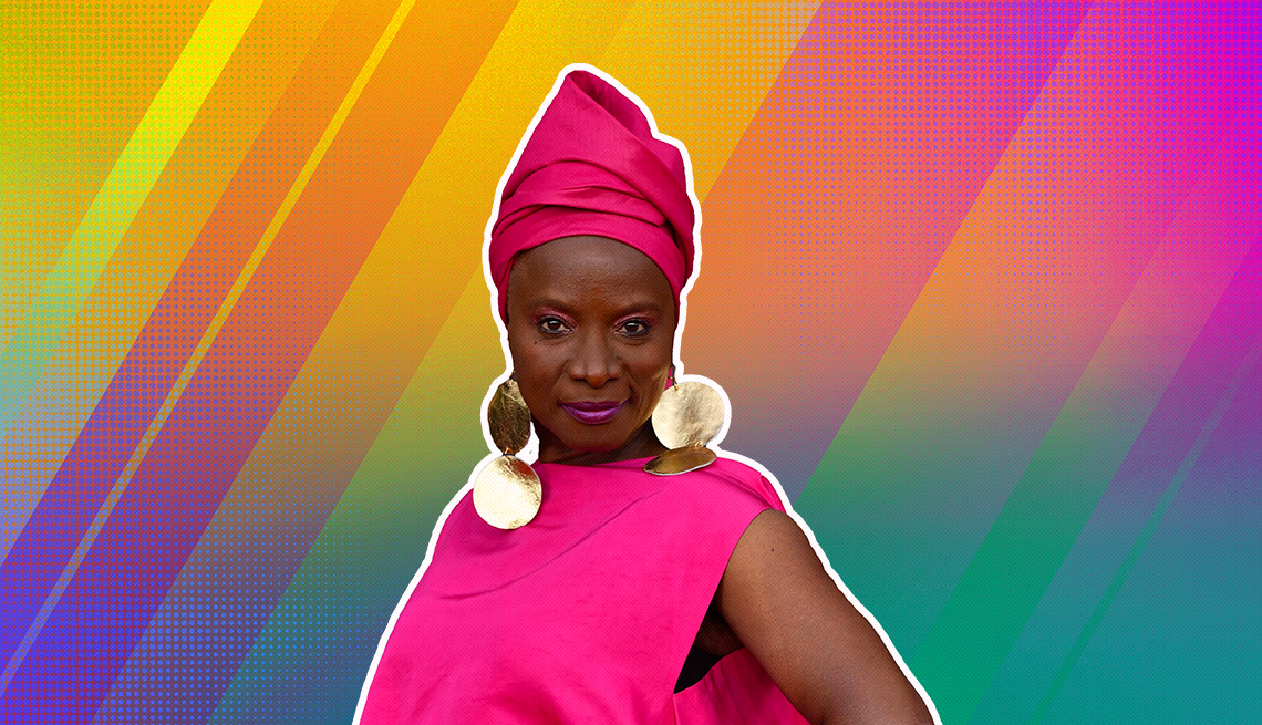 item 18 of Gallery image - Angelique Kidjo outlined against a rainbow ombre background