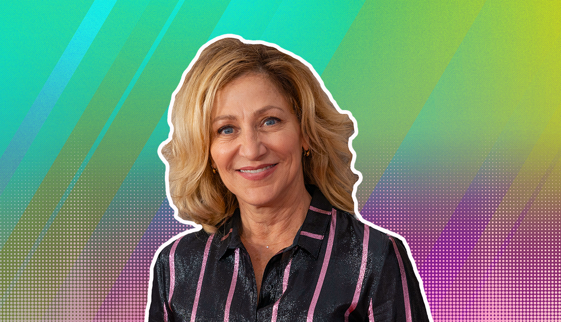 Edie Falco outlined against a rainbow ombre background