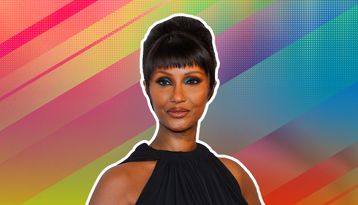 item 7 of Gallery image - Iman outlined against a rainbow ombre background