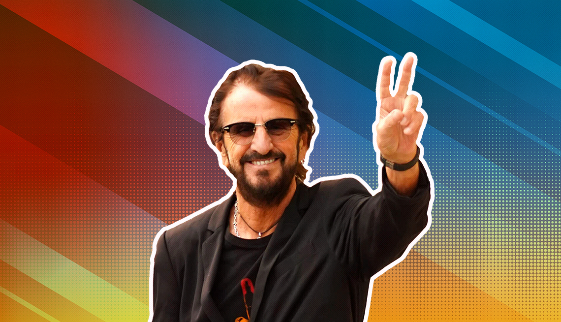 Ringo Starr outlined against a rainbow ombre background