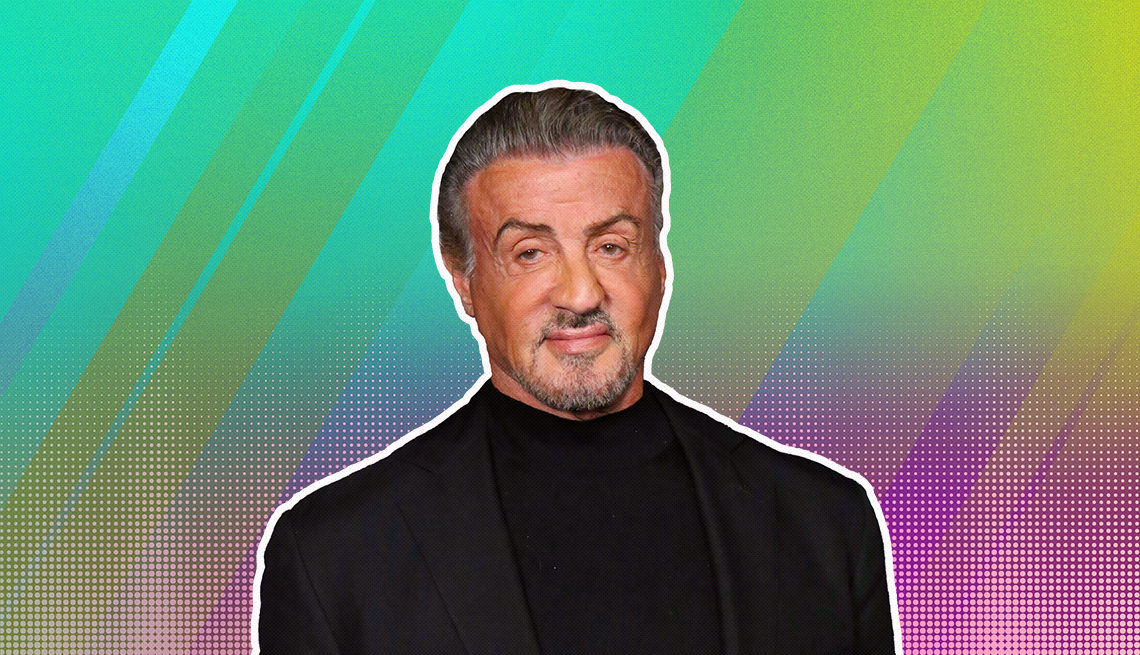 Sylvester Stallone outlined against a rainbow ombre background