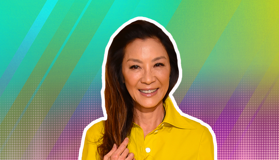 item 26 of Gallery image - Michelle Yeoh outlined against a rainbow ombre background