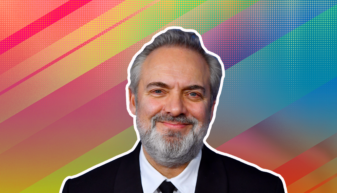 item 31 of Gallery image - Sam Mendes outlined against a rainbow ombre background