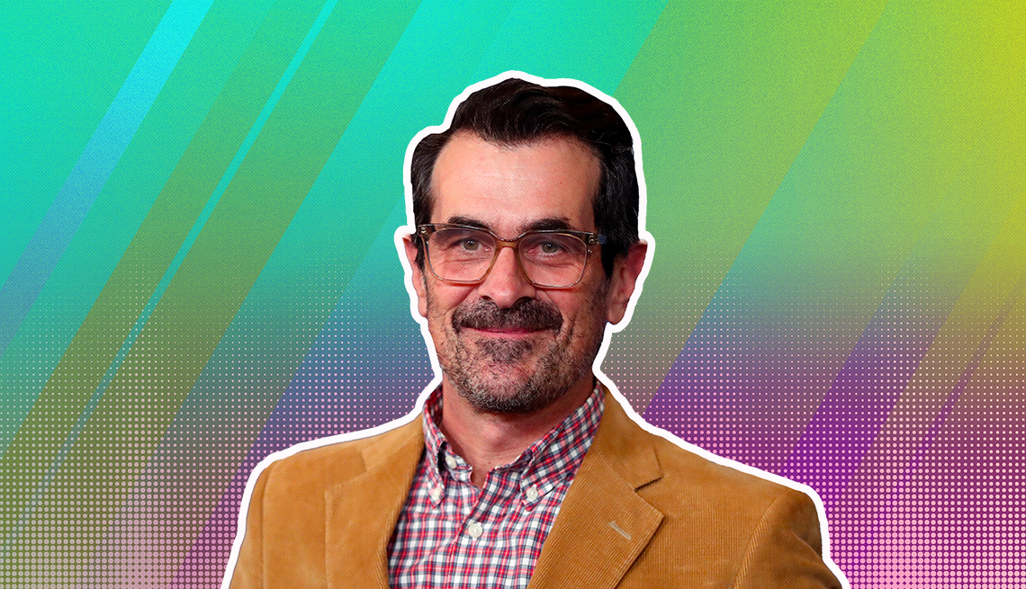 item 10 of Gallery image - Ty Burrell outlined against a rainbow ombre background