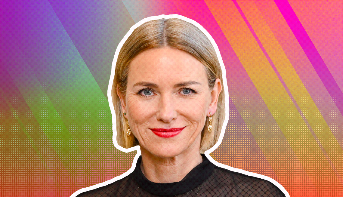Naomi Watts outlined against a rainbow ombre background