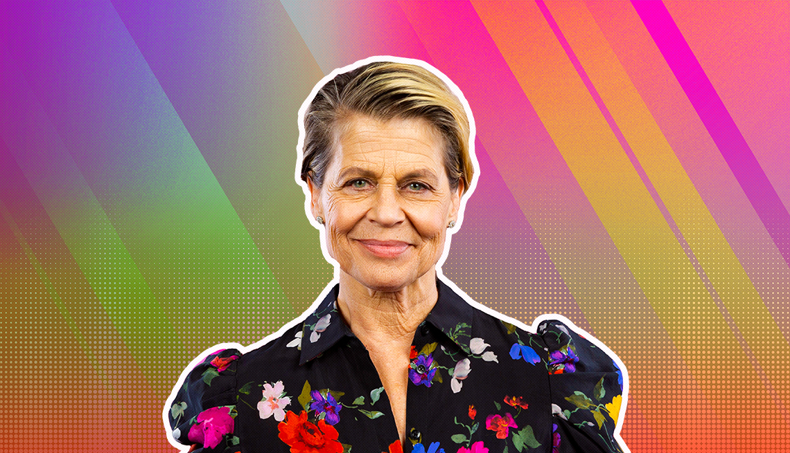 item 5 of Gallery image - Linda Hamilton outlined against a rainbow ombre background