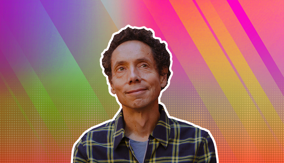item 28 of Gallery image - Malcolm Gladwell outlined against a rainbow ombre background