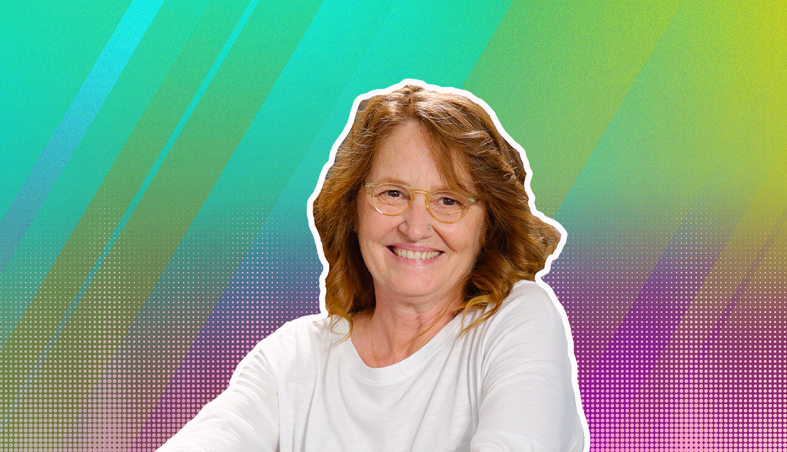 Melissa Leo outlined against a rainbow ombre background