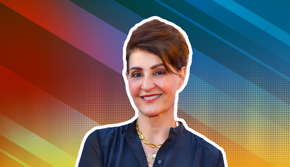 item 7 of Gallery image - Nia Vardalos outlined against a rainbow ombre background