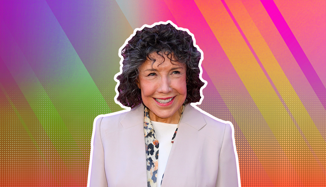 item 30 of Gallery image - Lily Tomlin outlined against a rainbow ombre background