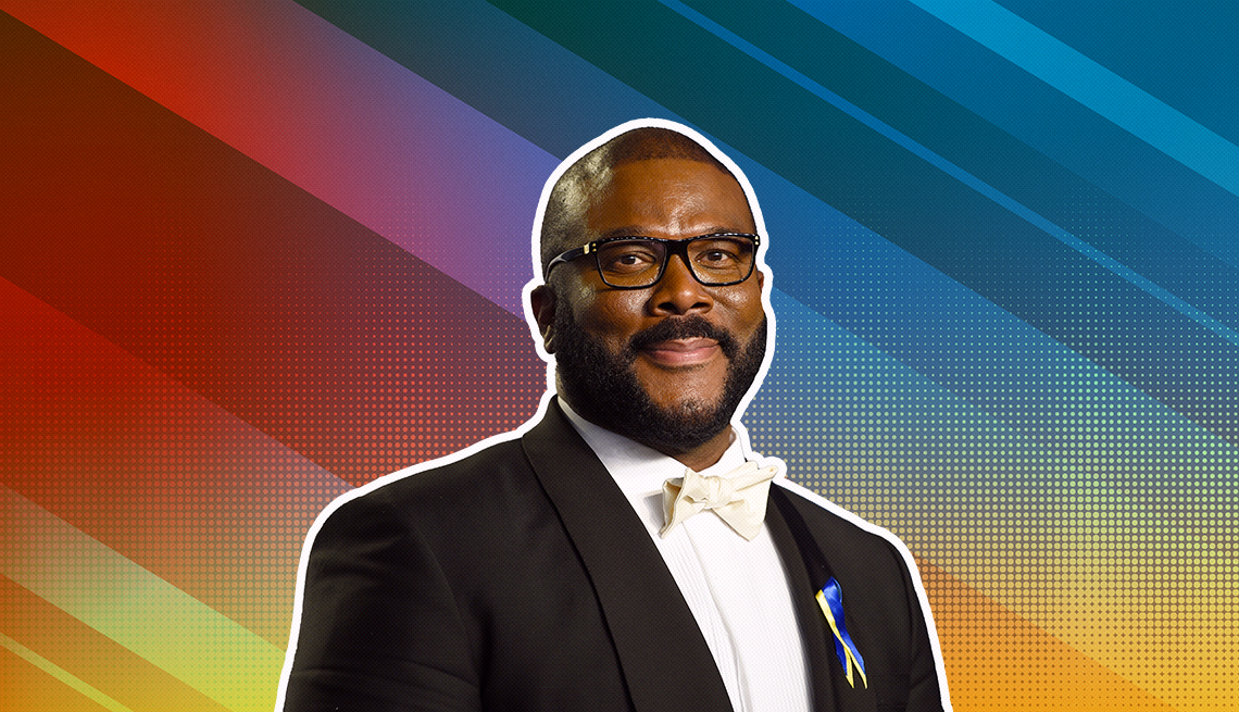 Tyler Perry outlined against a rainbow ombre background