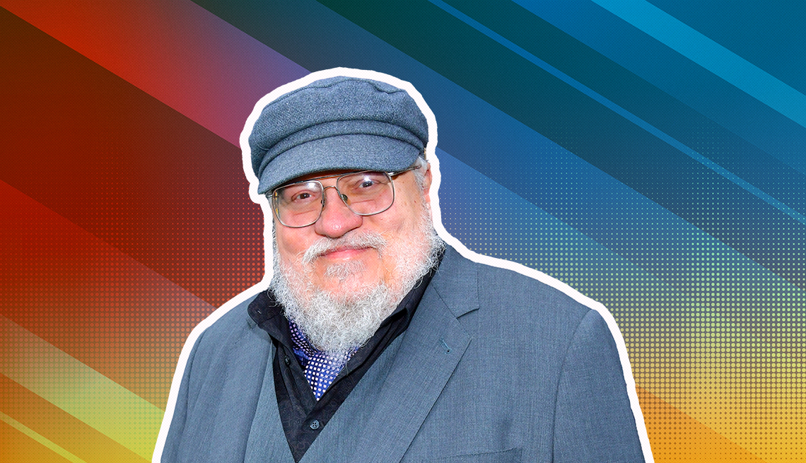 item 11 of Gallery image - George R. R. Martin outlined against a rainbow ombre background