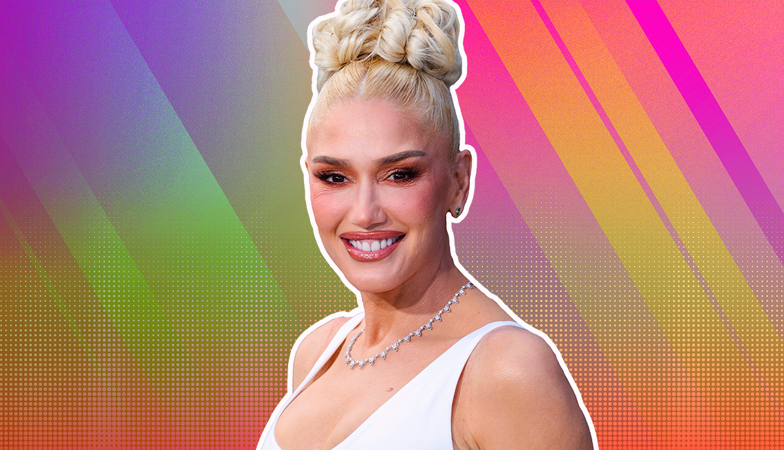 Gwen Stefani outlined against a rainbow ombre background