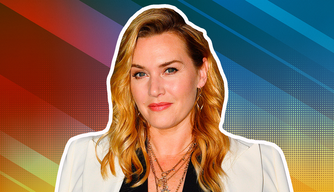 Kate Winslet outlined against a rainbow ombre background