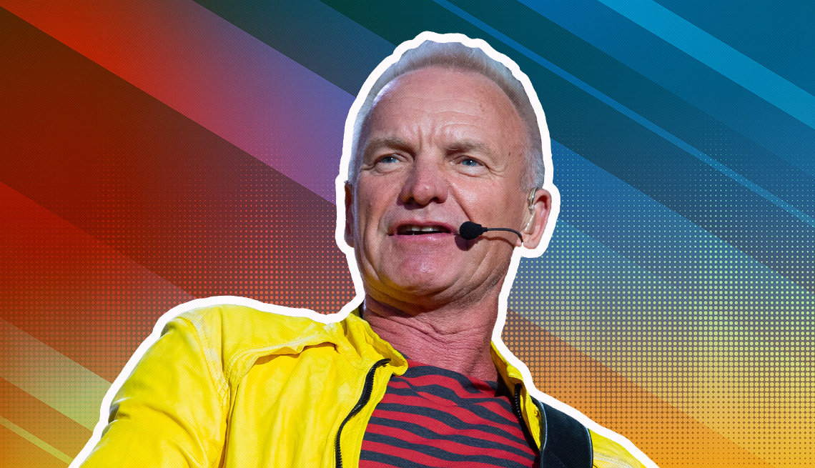Sting outlined against a rainbow ombre background