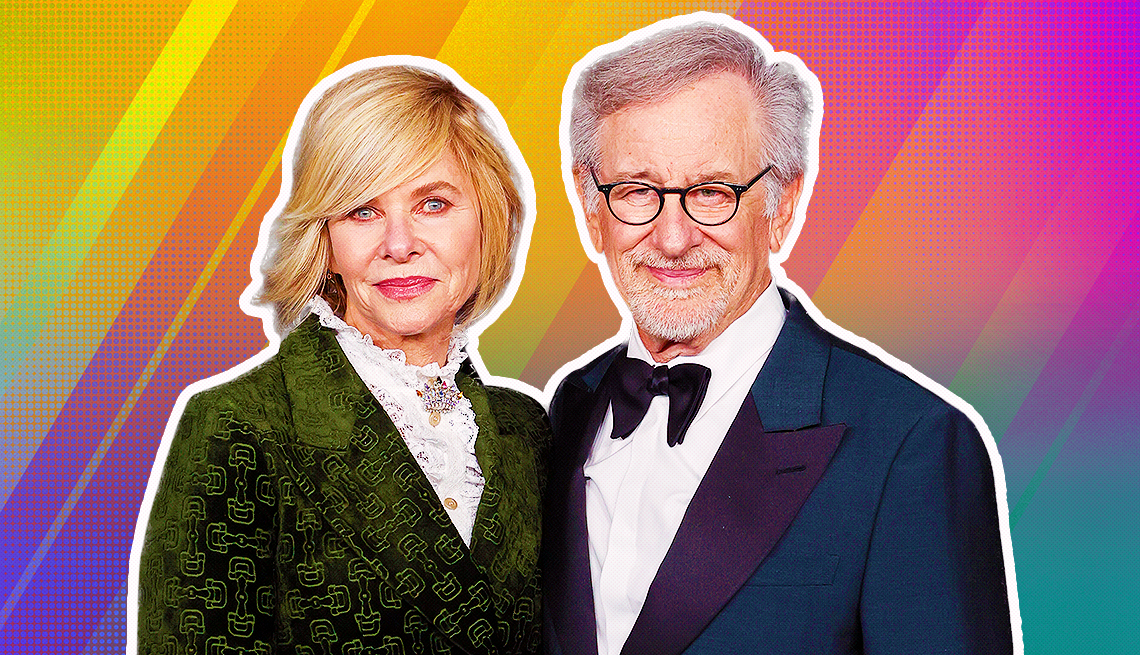 item 28 of Gallery image - kate capshaw and steven spielberg outlined against a rainbow ombre background
