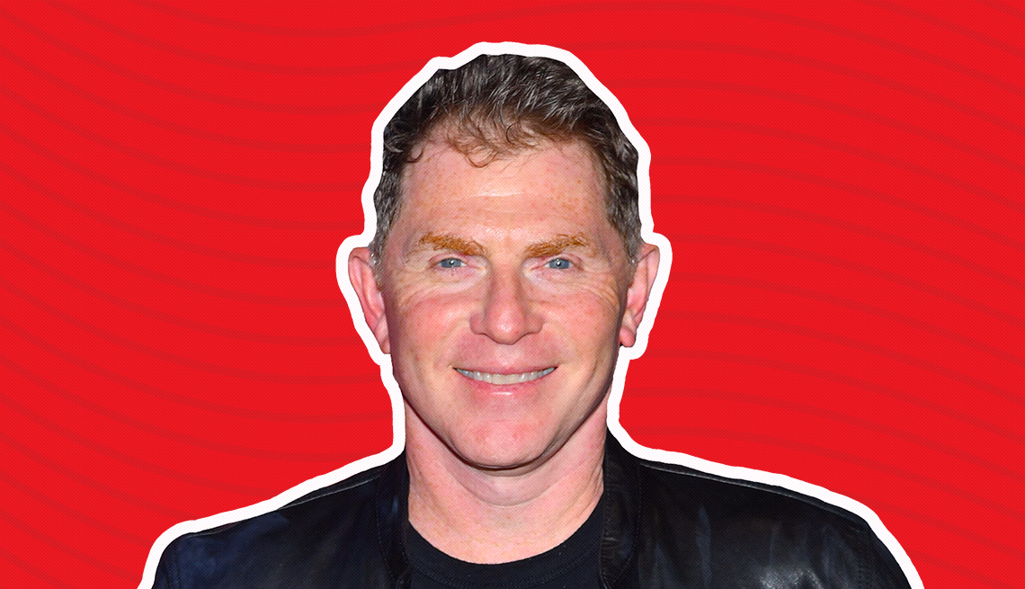 item 22 of Gallery image - bobby flay against red background with curved lines going horizontally from one end to the other