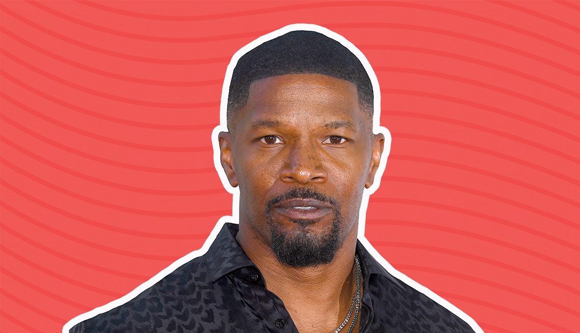 item 19 of Gallery image - jamie foxx against dark pink background with curved lines going horizontally from one end to the other