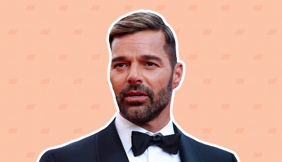 item 8 of Gallery image - ricky martin on peach-colored background with mini shapes