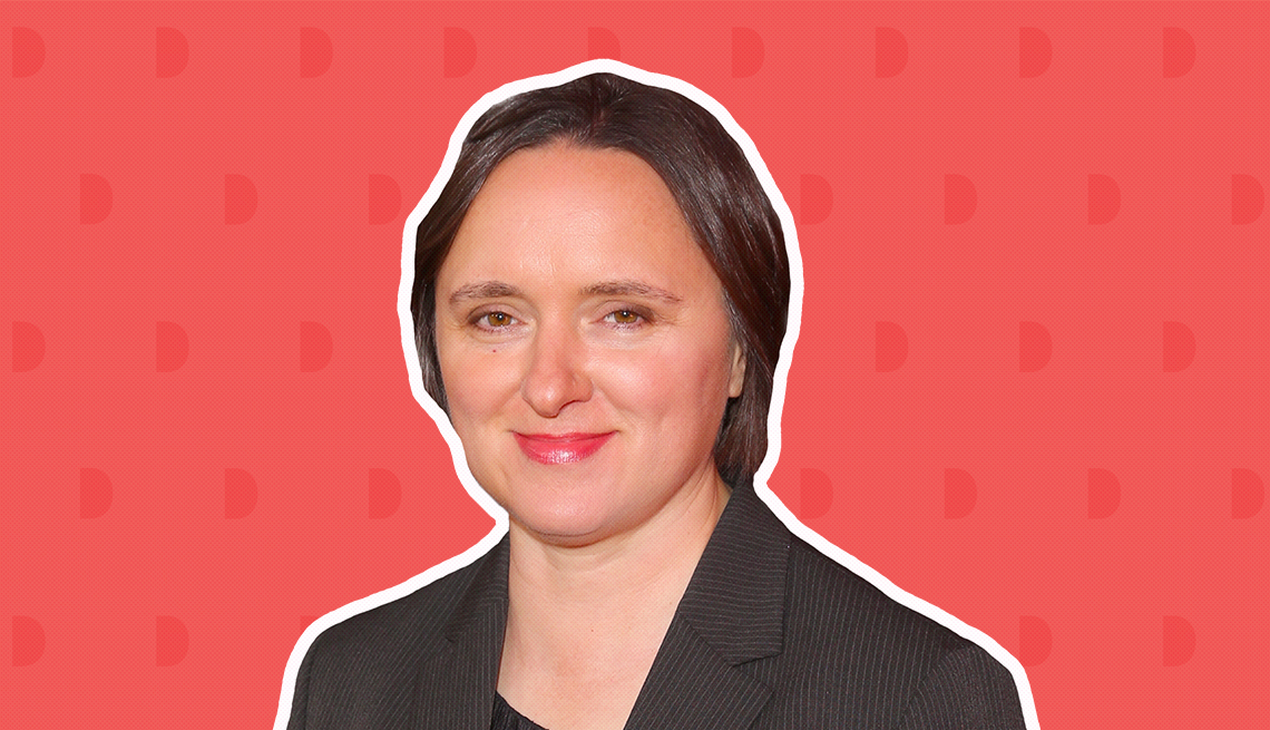 item 5 of Gallery image - sarah vowell against dark pink background with mini shapes