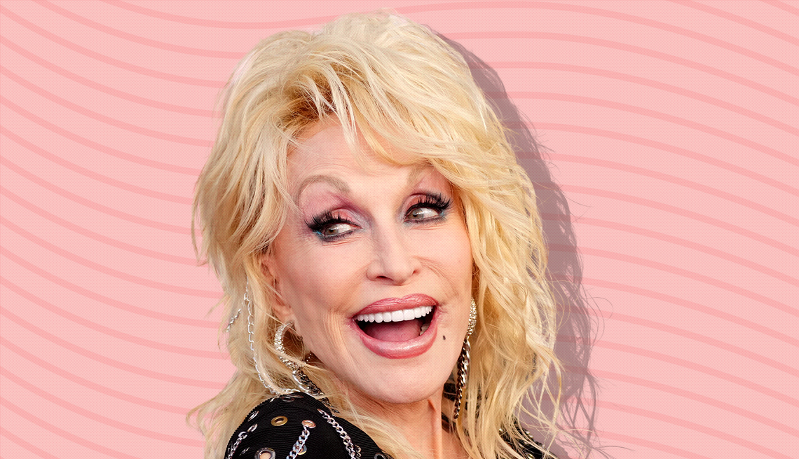 item 13 of Gallery image - dolly parton against light pink background with curved lines going horizontally from one end to the other