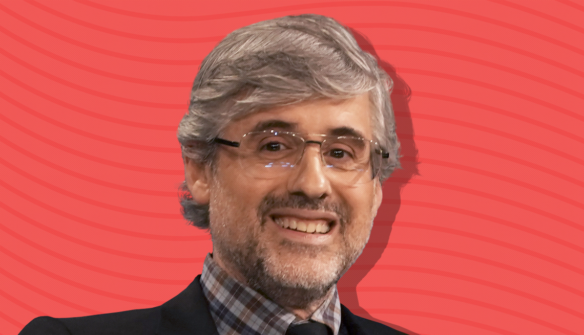 item 4 of Gallery image - mo rocca against dark pink background with curved lines going horizontally from one end to the other