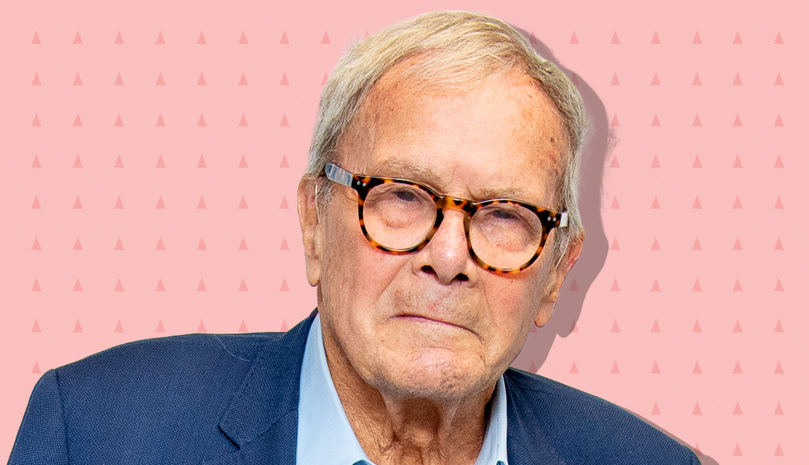 item 23 of Gallery image - tom brokaw against light pink background with mini triangles