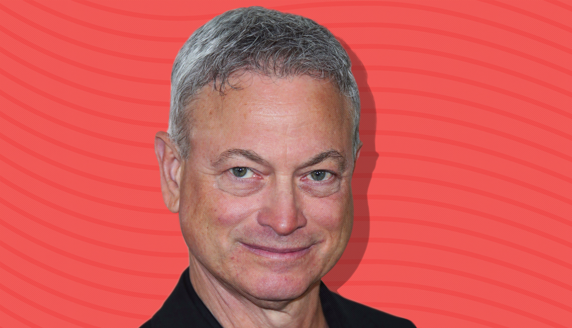 item 17 of Gallery image - gary sinise against dark pink background with curved lines going horizontally from one end to the other
