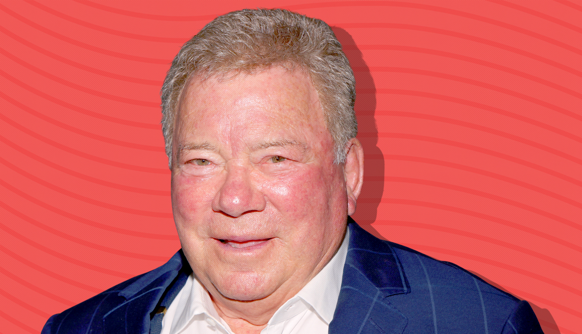 william shatner against dark pink background with curved lines going horizontally from one end to the other