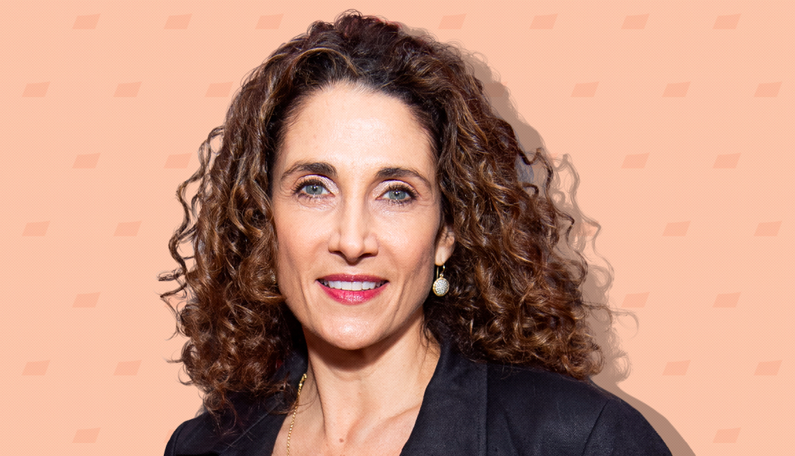 item 8 of Gallery image - melina kanakaredes on peach colored background with mini shapes