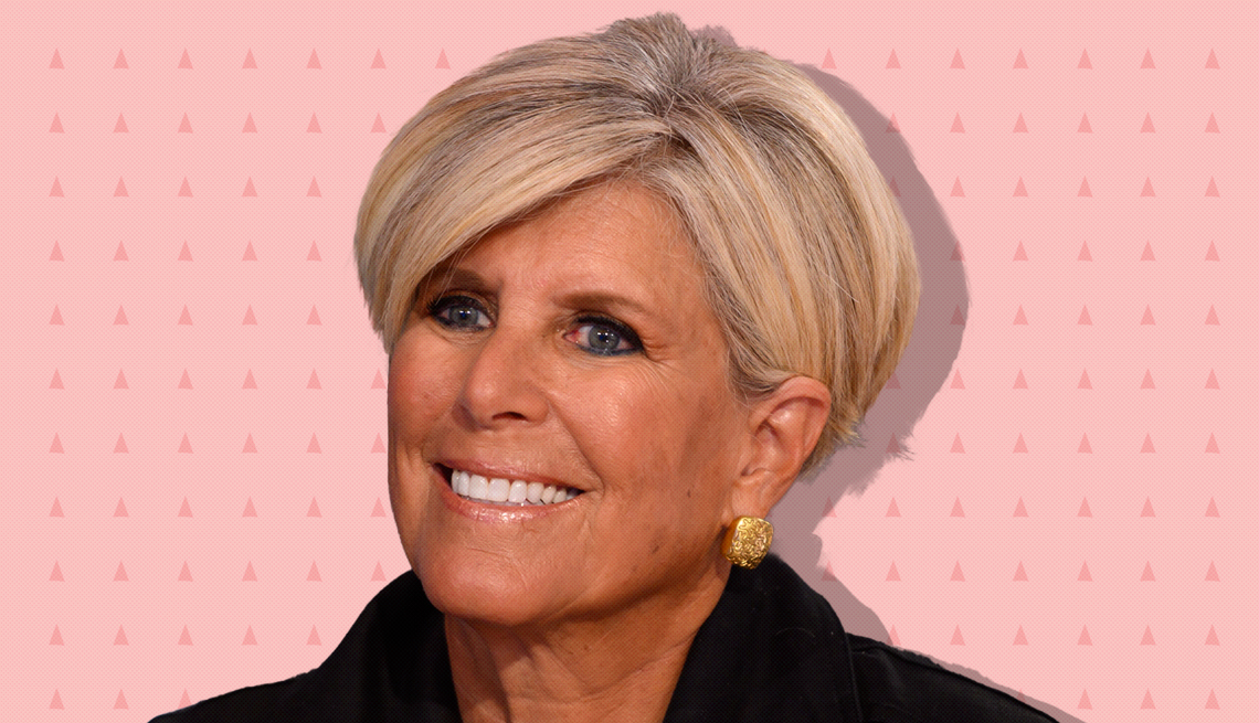 suze orman against light pink background with mini triangles