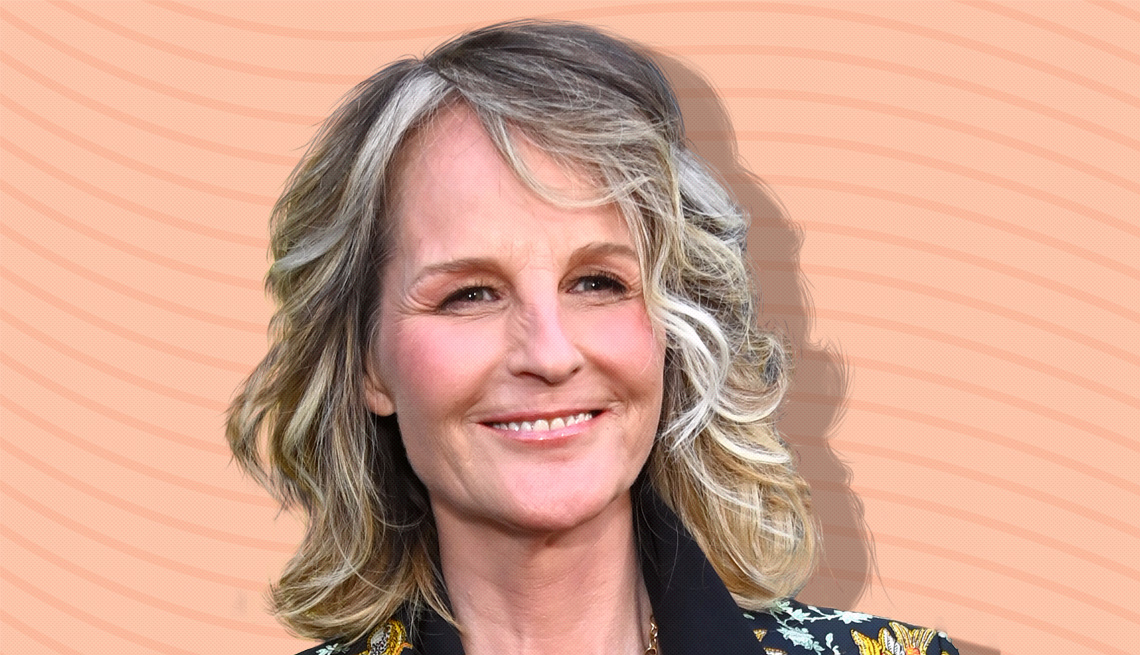 item 16 of Gallery image - helen hunt against peach colored background with curved lines going horizontally from one end to the other