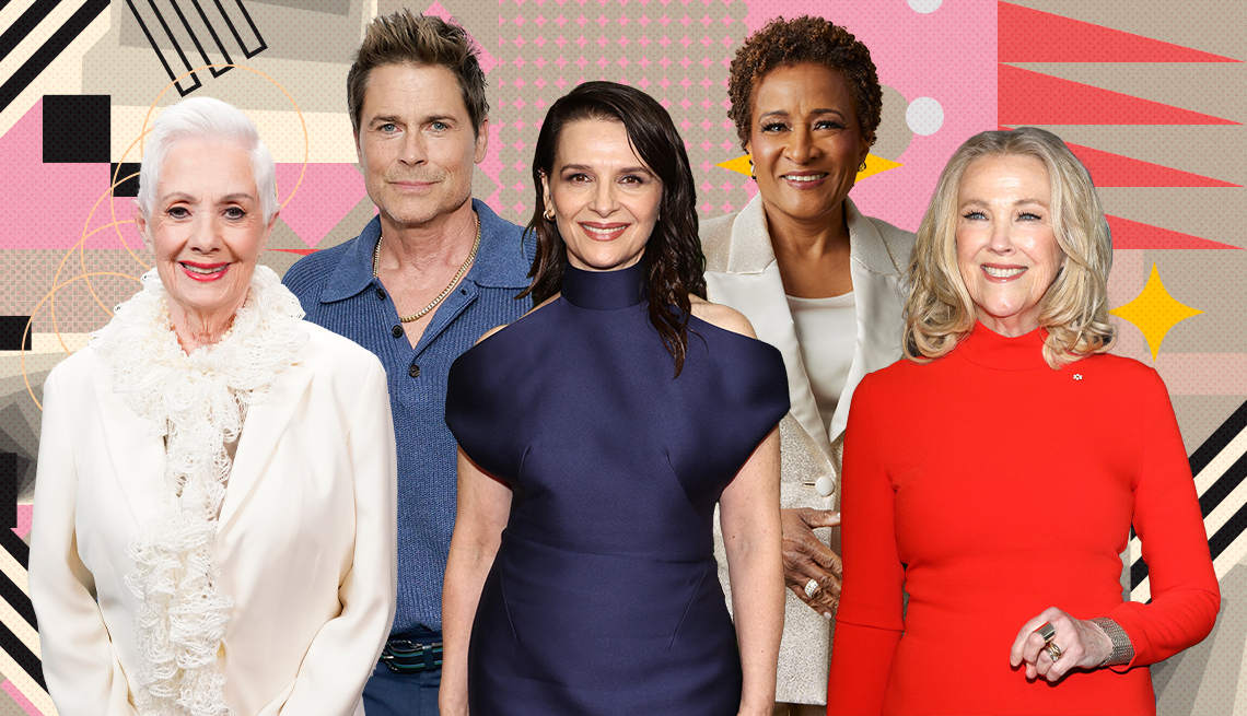 Collage of Shirley Jones, Rob Lowe, Juliette Binoche, Wanda Sykes and Catherine O'Hara on colorful, flashy background with all sorts of shapes and symbols