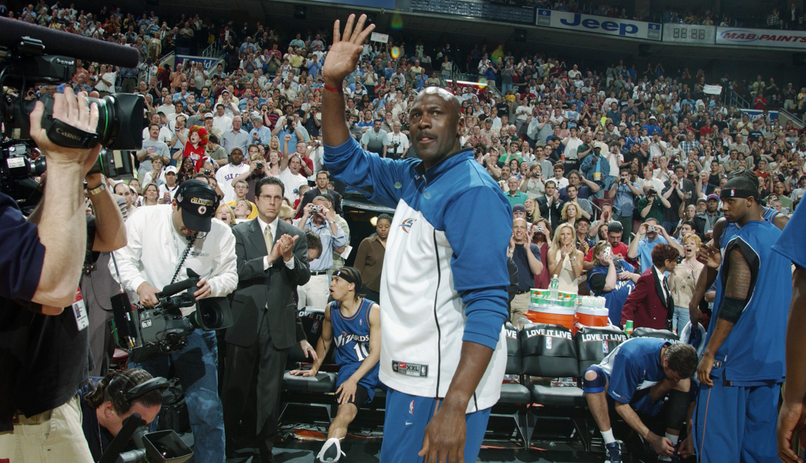 item 15 of Gallery image - Michael Jordan #23 of the Washington Wizards waves to the fans before the last game of his career, which happened to be against the Philadelphia 76ers, at First Union Center on April 16, 2003 in Philadelphia