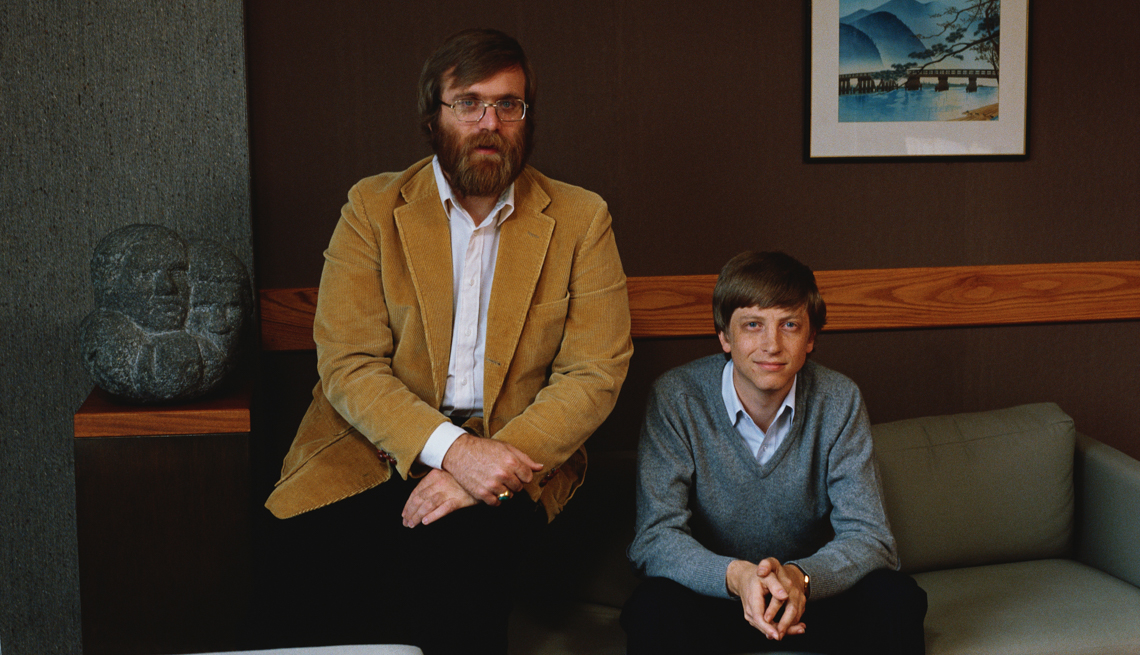item 27 of Gallery image - Microsoft Co-founders Bill Gates and Paul Allen pose for a portrait in 1984 in Seattle, Washington.